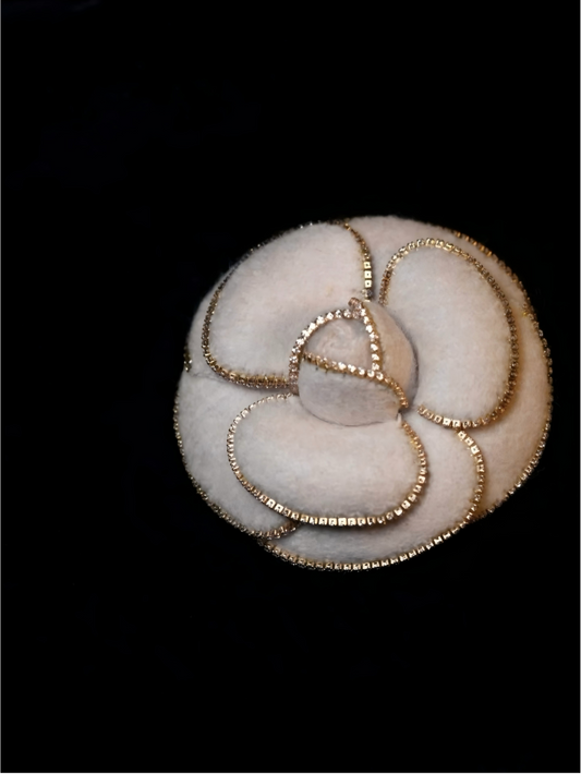 Pearl white camellia brooch with gold beaded loops and small pearl detail
