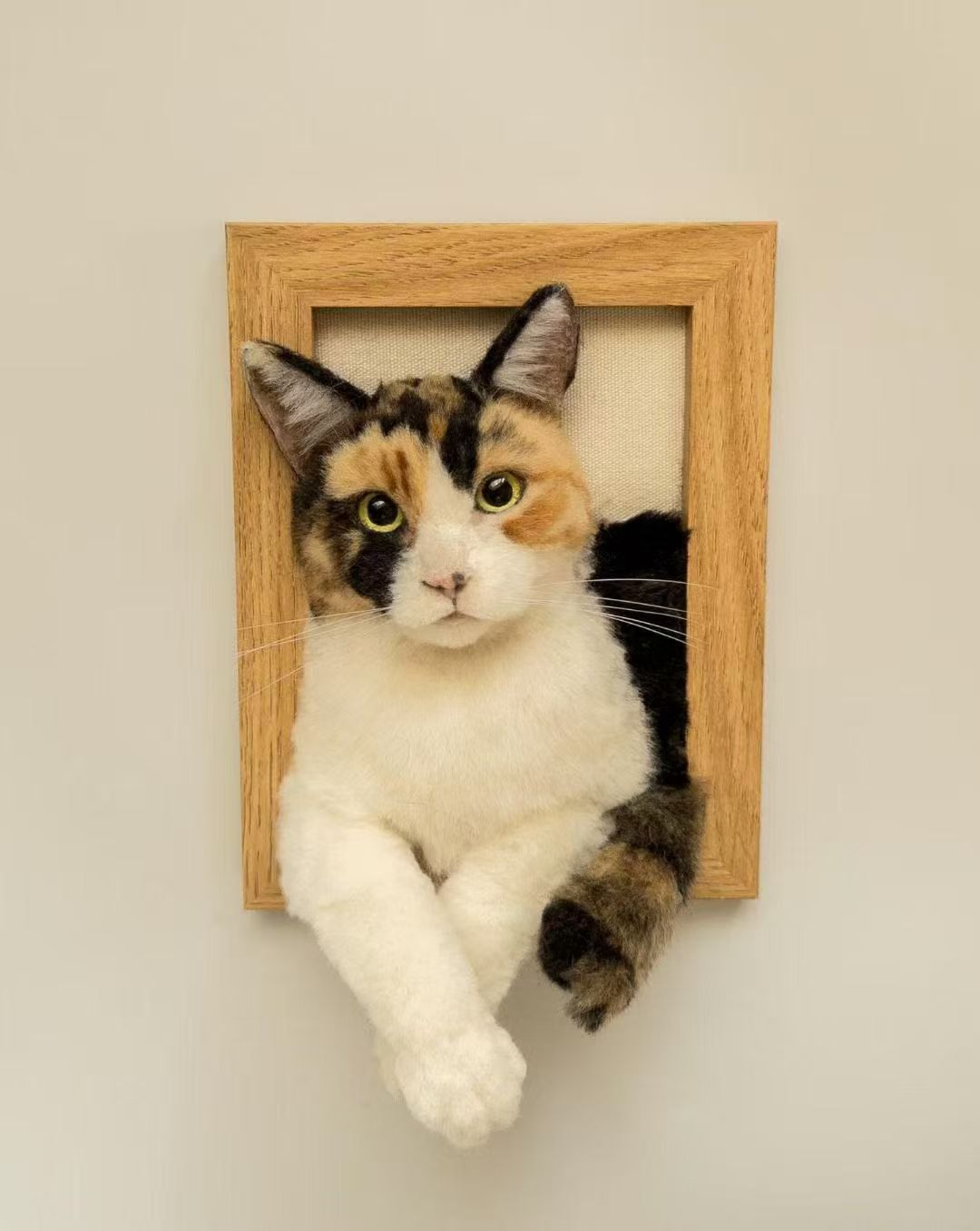 3D framed portrait of a calico cat with yellow eyes, lying with front paws together