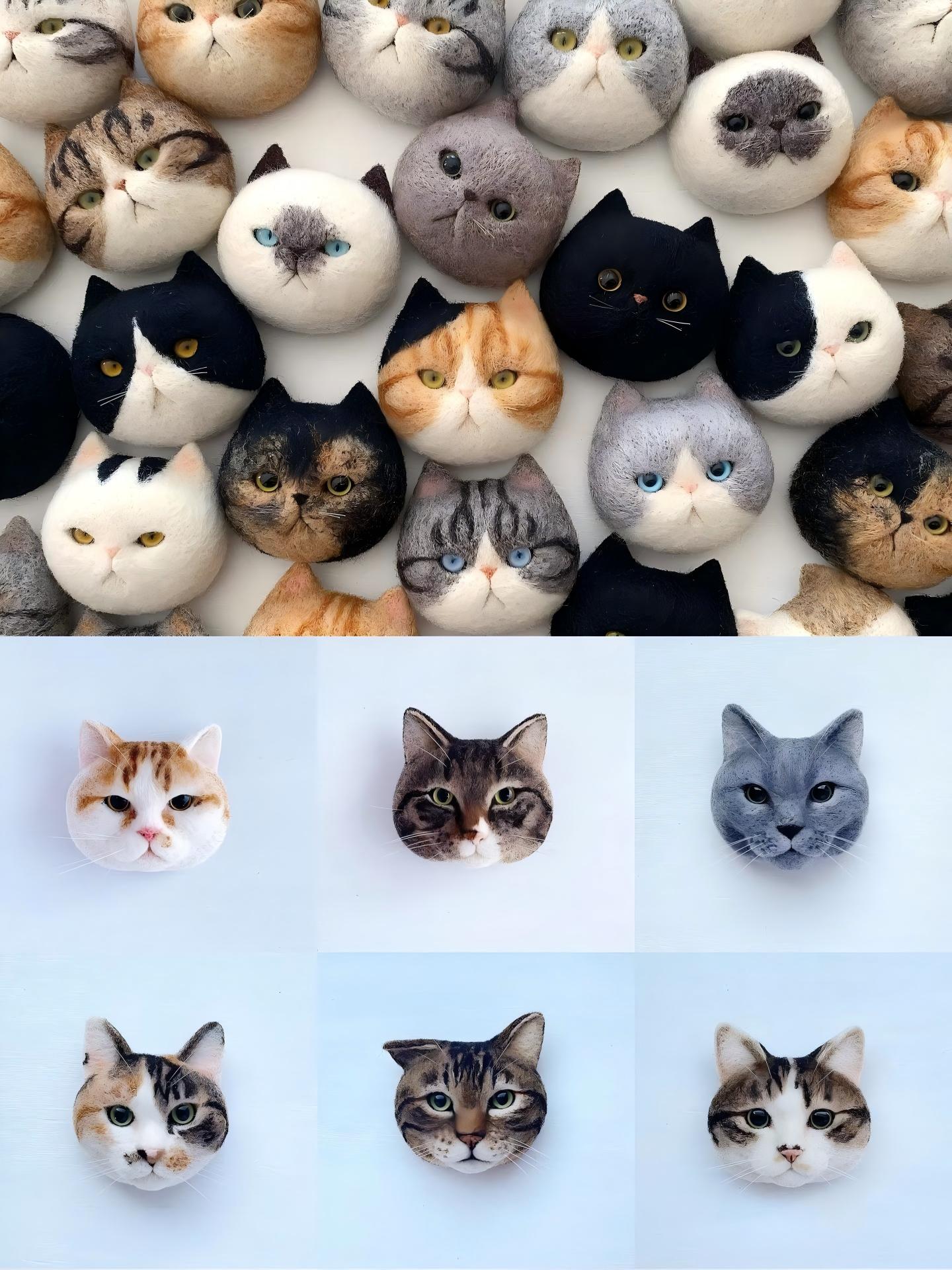 Assorted cat face fridge magnets arranged in rows on a white background