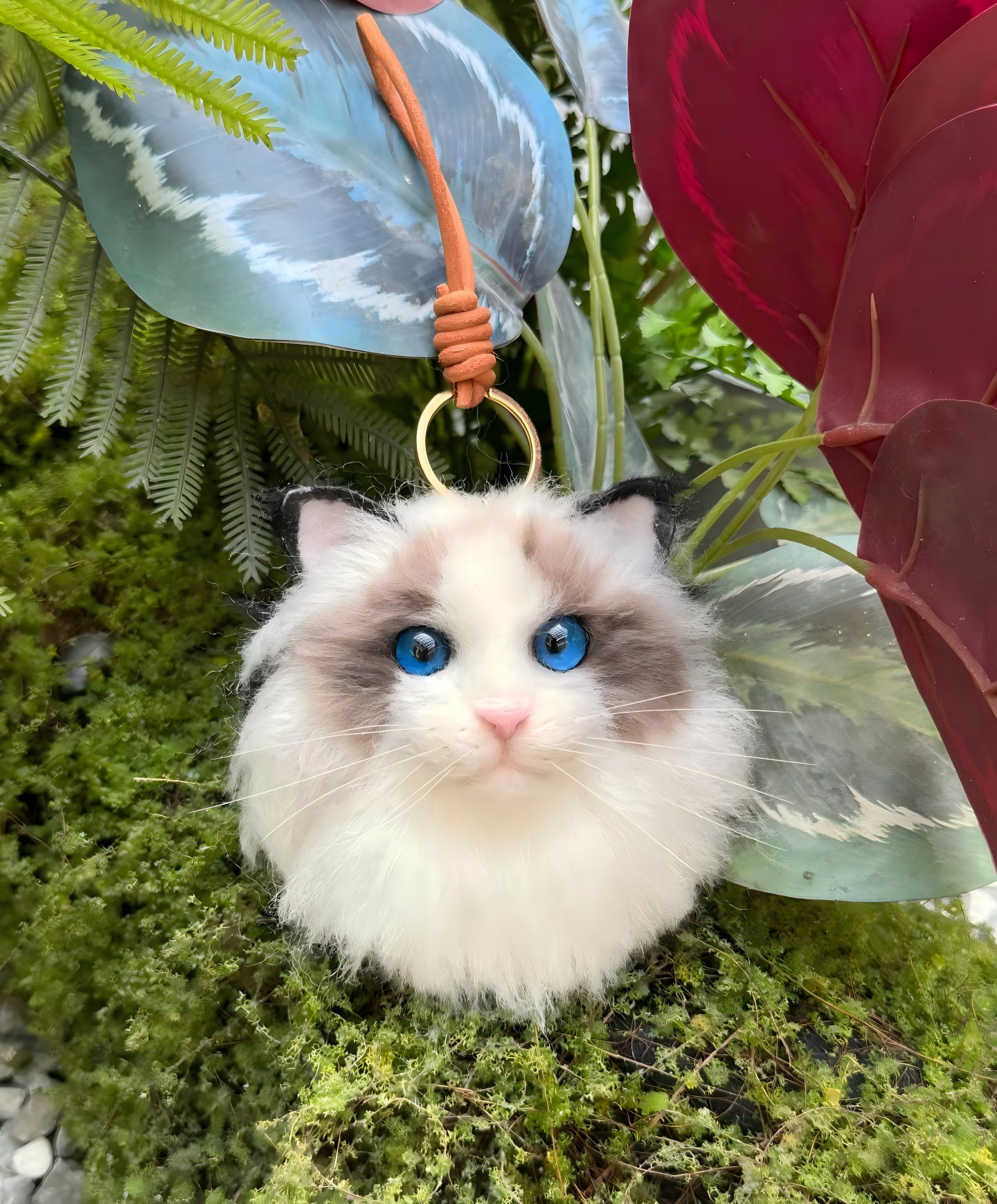 White cat fur keychain with blue eyes and metal key ring