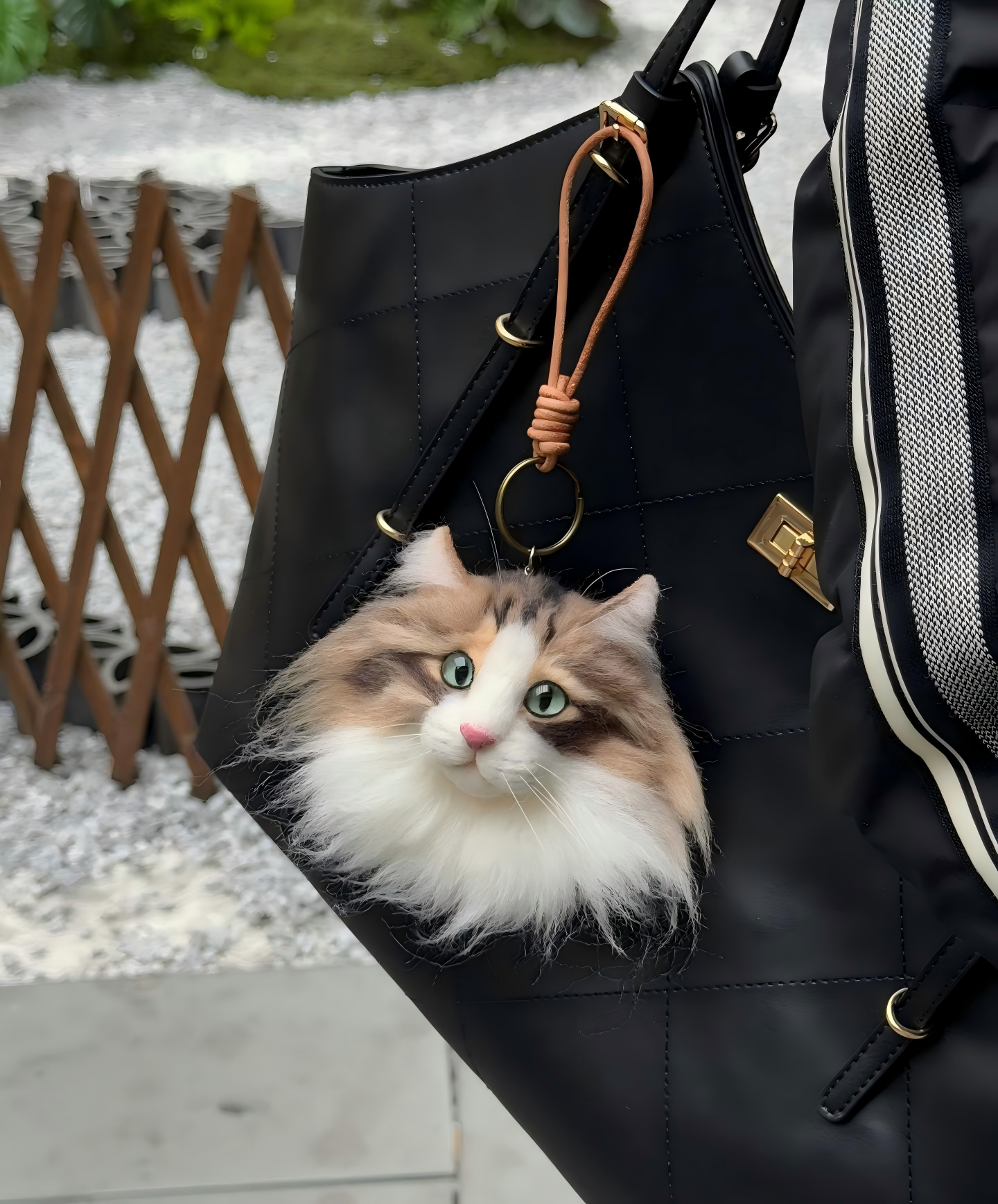 Calico cat face keychain on black bag, with tan loop and metal ring
