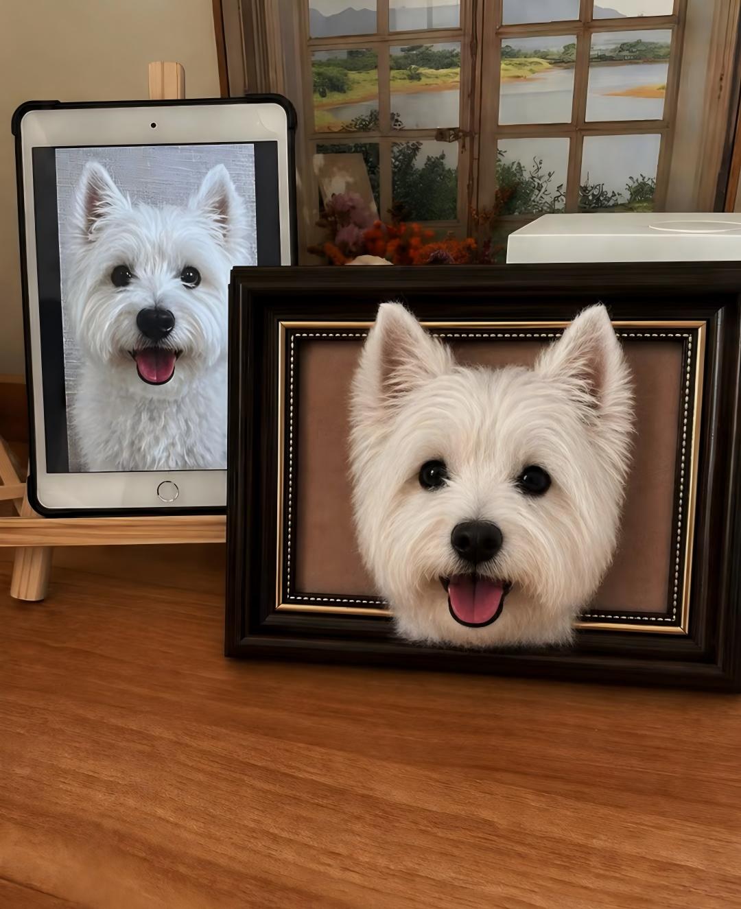 Framed white dog portrait on a wooden table, with another portrait visible behind