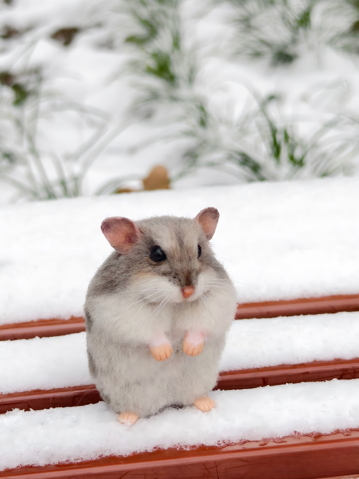Gray plush hamster custom pet standing on snowy window ledge