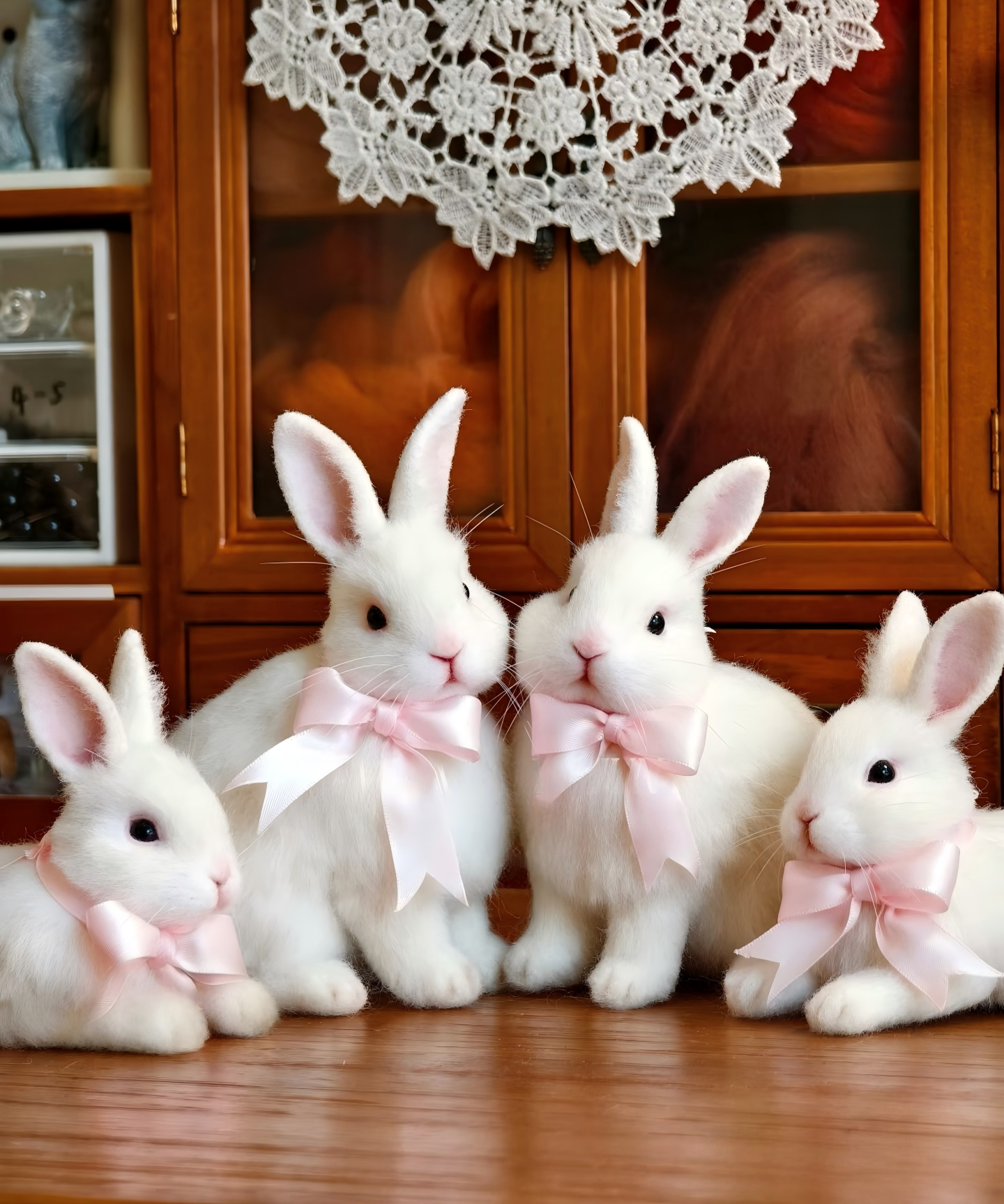 Plush white bunny figures with pink bows, sitting on a wooden surface