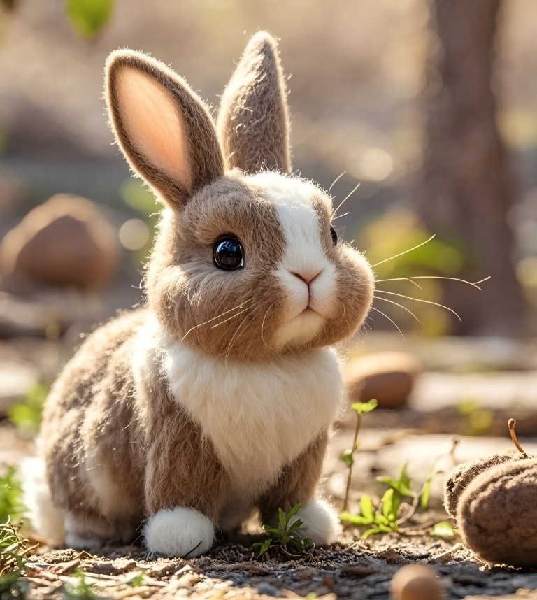 Plush rabbit custom pet with brown-and-white fur, sitting outdoors