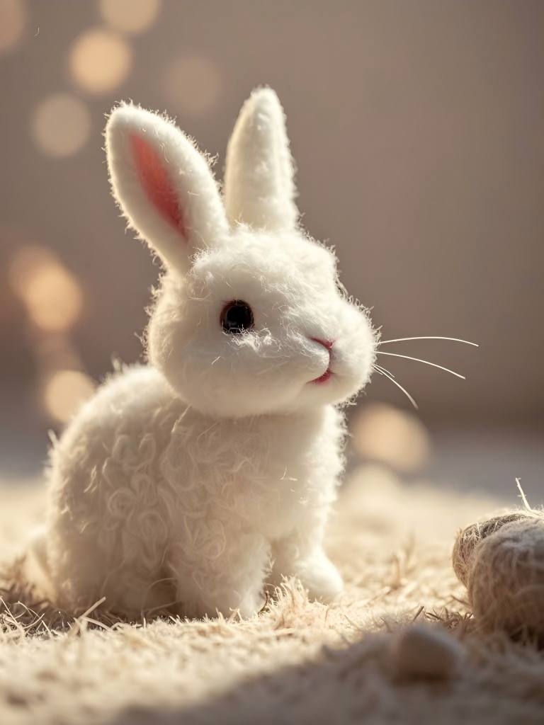 White plush rabbit custom pet with large ears, sitting on soft fur