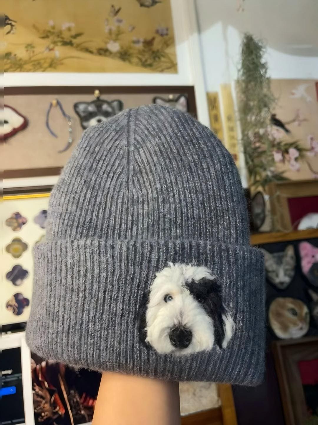 Heather gray knit beanie with white dog-face patch