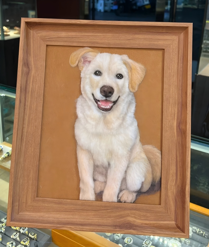 Wood framed pet portrait of a white dog with a smiling face