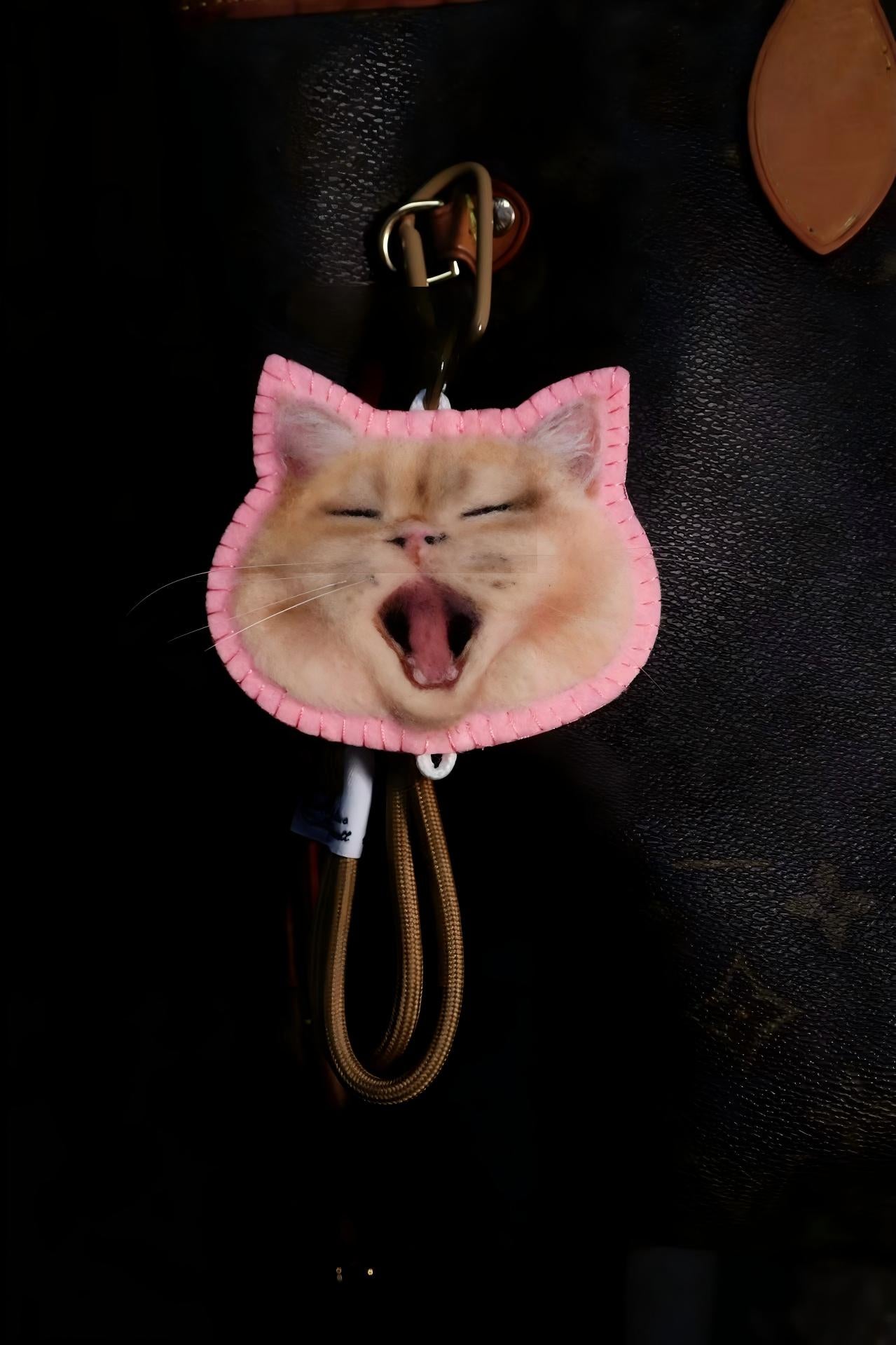 Pink cat face keychain with metal clasp and brown cord loop