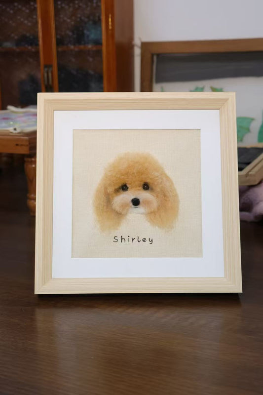 Wood-framed dog portrait, light brown poodle face, 'shirley' in center
