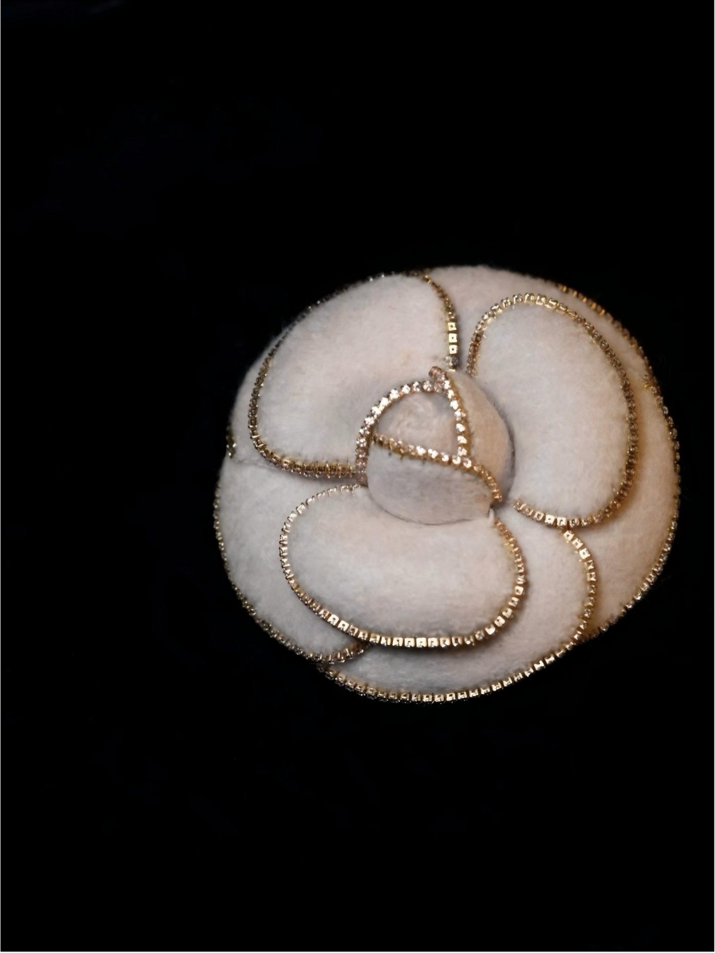 Pearl white camellia brooch with gold beaded loops and small pearl detail