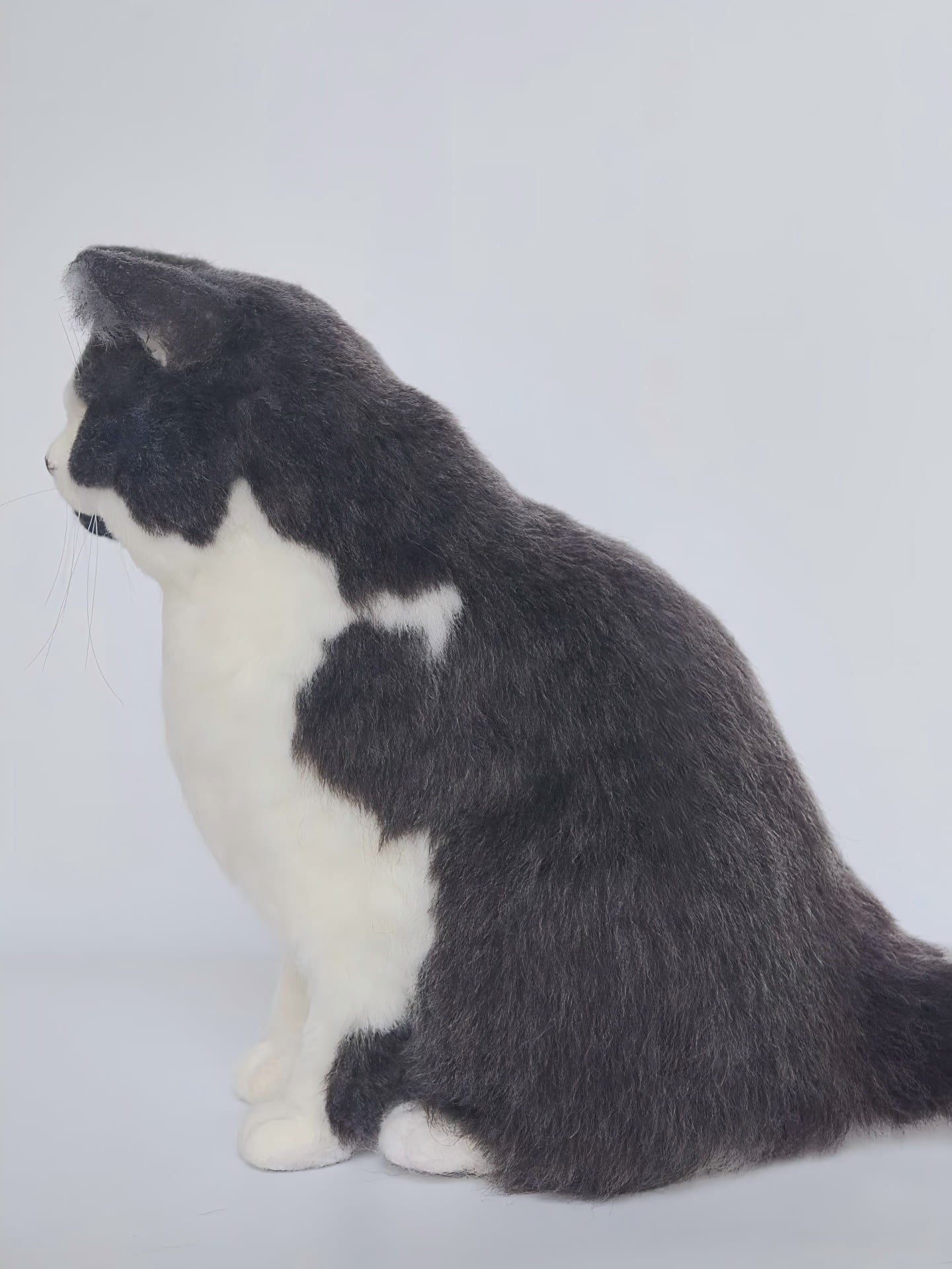 Cat figurine with black and white fur, seated side view with front paw forward